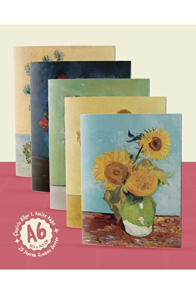 POSTERİFY Vincent Van Gogh Flowers Collection - A6 Staple Stitched 5 Pieces Art Themed Notebook - 10.5X14.5 cm