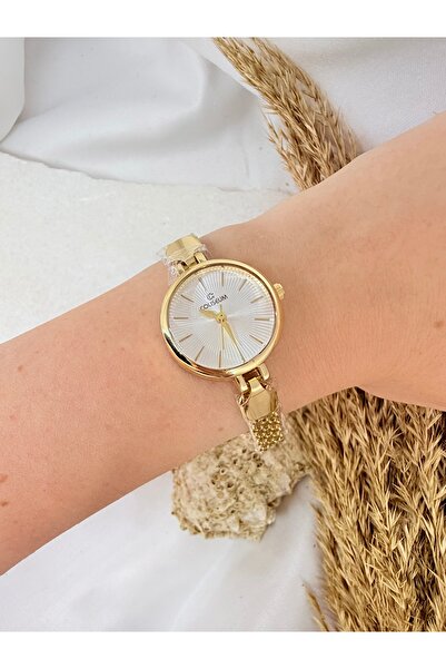 TD TRENDDURAGI ساعة يد نسائية بيضاء اللون بسلسلة دائرية من الذهب العتيق