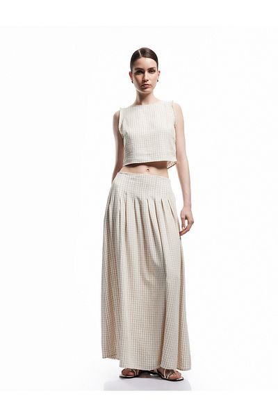 Koton New Season Comfortable Fit A-Line Linen Blend Gingham Long Skirt