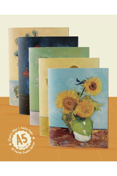 POSTERİFY Vincent Van Gogh Flowers Collection - A5 Staple Stitched 5 Pieces Art Themed Notebook - 14.5X20.5 cm