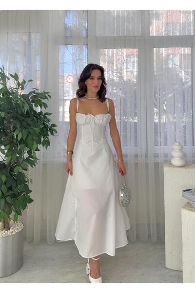 LUVESSE Beyaz Pinterest Sırt Biyeli Yırtmaçlı Elbise