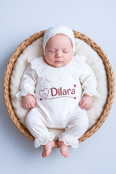 Sitilin Baby Girl Organic Name Printed Luxury Jumpsuit Set with Lace Hat Stl7030