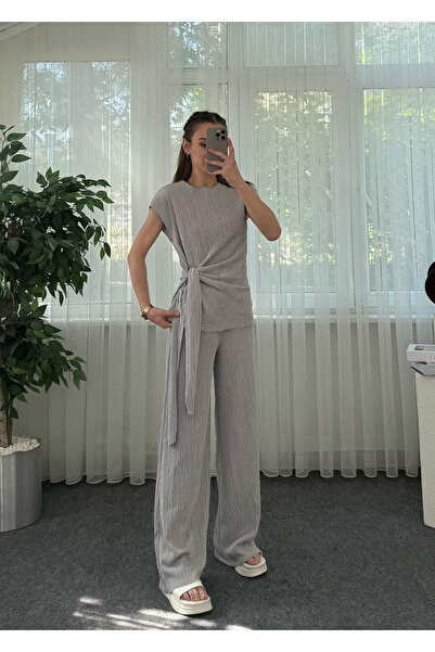 LUVESSE Flodi Gray Crinkle Waist Tie Suit