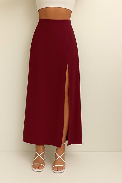 AL&SU BUTİK γυναικεία μακριά βαθιά υφασμάτινη φούστα με σχισμή μπροστά