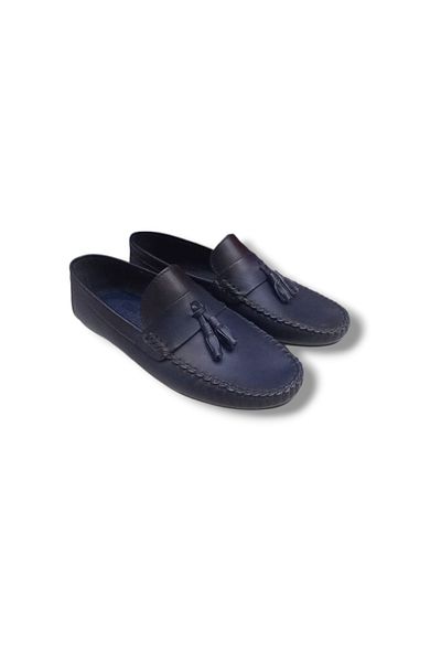 Growish Genuine Leather Saddler Rok Model Men's Navy Blue Tassel Loafer Shoes