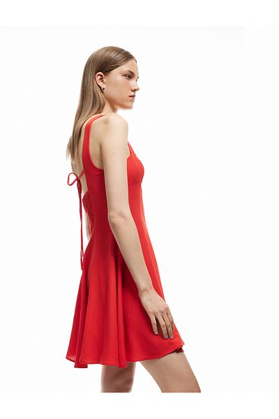 Koton New Season Viscose Linen Blended Square Collar Sleeveless A-Line Strap Mini Dress