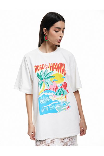 Koton New Season Koton X Sibil Çetinkaya - Cotton Short Sleeve Crew Neck Summer Themed Printed