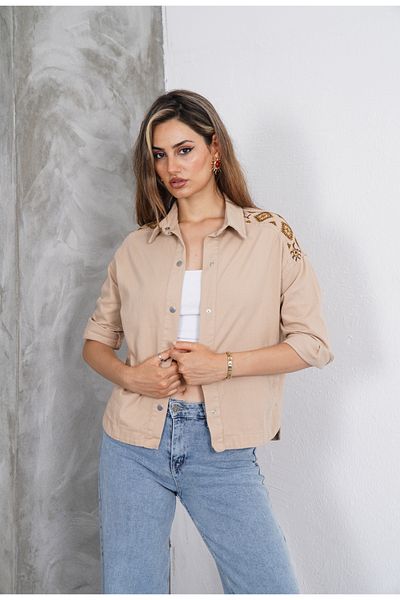 LUNA FSH Women's Cream Ethnic Embroidered Gabardine Shirt Jacket