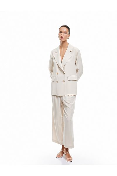 Koton New Season Viscose Linen Blended Pleated Wide Leg Palazzo Trousers with Pockets