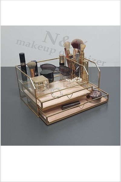 N&Y makeup organizer منظم مكياج ذو درج مزدوج من النحاس الزجاجي 411 ق، ذهبي ناعم