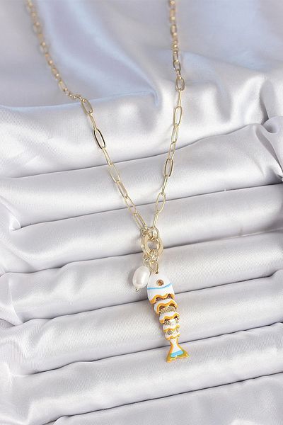 Clariss Gold Color Brass Necklace with Pearl Detailed Zircon Stone and White Fish Figure