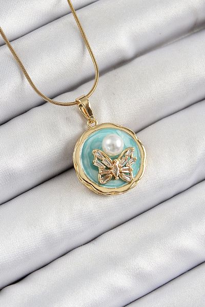 Clariss 316L Steel Chain Zircon Stone Turquoise Artistic Portrait Pearl Detailed Butterfly Model Gold Color Women's Ko