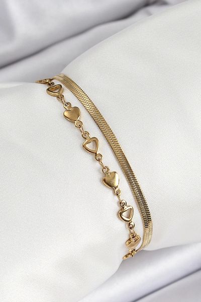 Clariss 316L Steel Gold Color Heart Chain and Italian Chain 2-Piece Women's Bracelet