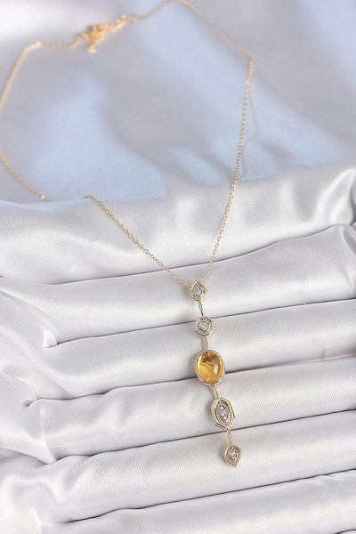 Clariss Brass Chain Amber Yellow Gold Color Zircon Stone Y Necklace