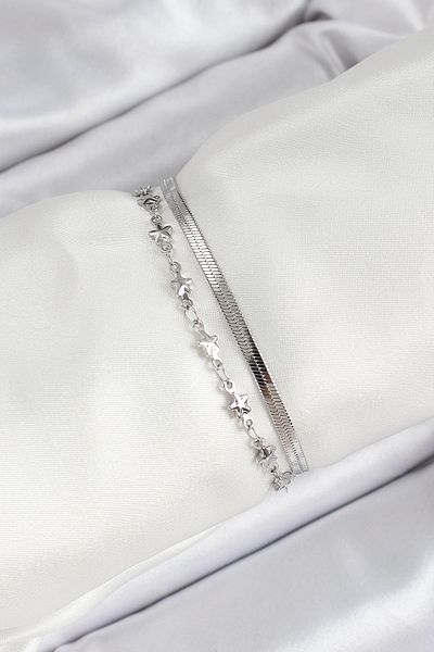 Clariss 316L Steel Silver Color Star Chain and Italian Chain 2-Piece Women's Bracelet
