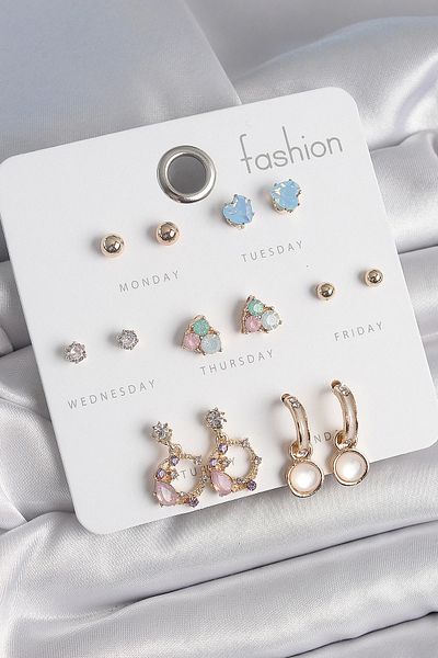 Clariss Brass Gold Color Zircon Stone Dangle Ring Figure Heart Detail 7 Pairs Women's Earrings