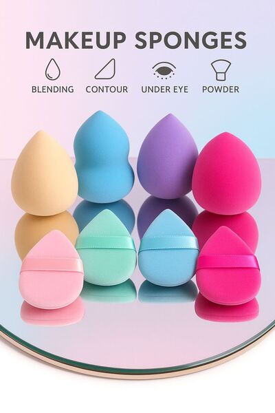 Acarlar Ticaret Profesyonel 4'lü Yumurta Makyaj Süngeri ve 4'lü Parmak Sünger Mini Puf