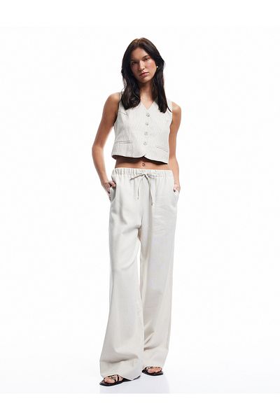 Koton New Season Elastic Waist Tie Pocket Straight Wide Leg Linen Trousers