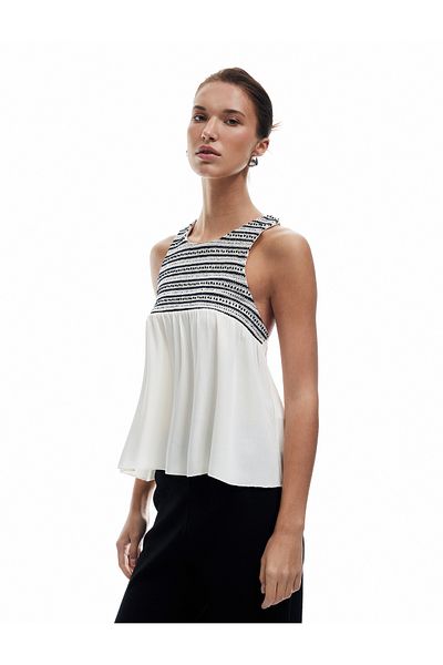 Koton New Season Viscose Fabric U-Neck Sleeveless Cross Strap Back Beaded Crochet Blouse