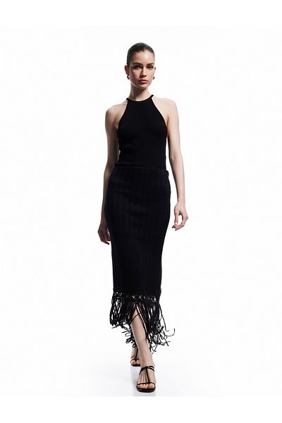 Koton New Season Standard Waist Cotton Tasseled Midi Pencil Skirt