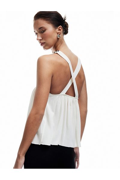 Koton New Season Viscose Fabric U-Neck Sleeveless Cross Strap Back Beaded Crochet Blouse