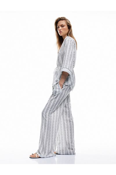 Koton New Season Linen Look Waist Tied Pocket Striped Palazzo Trousers