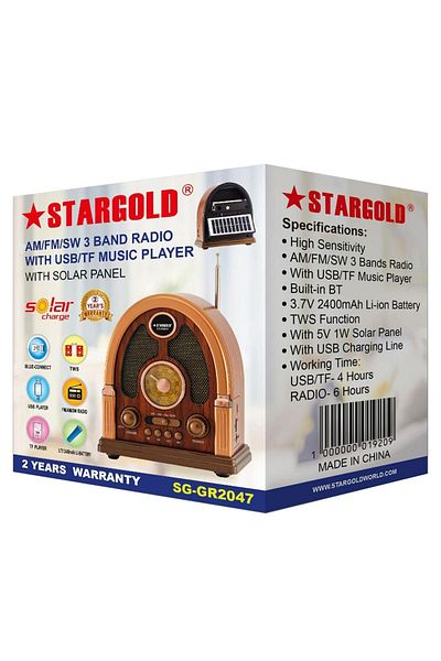 Generic STARGOLD Vintage FM/AM/SW Radio with Bluetooth, USB/TF MP3, 2400mAh Battery & Solar Panel