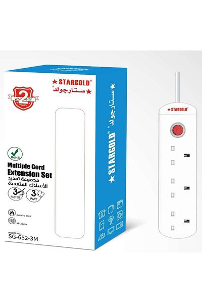 Generic STARGOLD 3-Way Extension Cord with USB Ports, 13A Overload Protection, 3M Power Cable – White