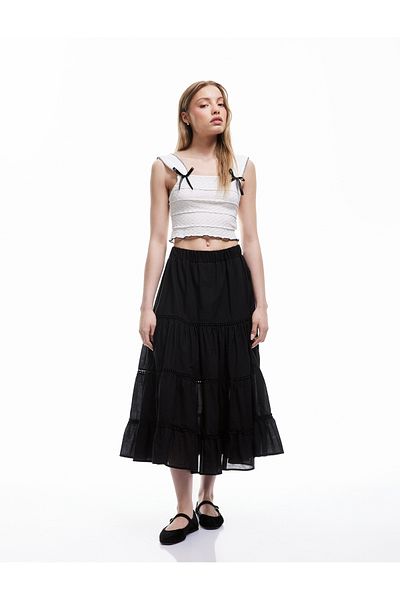 Koton New Season Layered Comfortable Fit A-Line Midi Skirt with Elastic Waist
