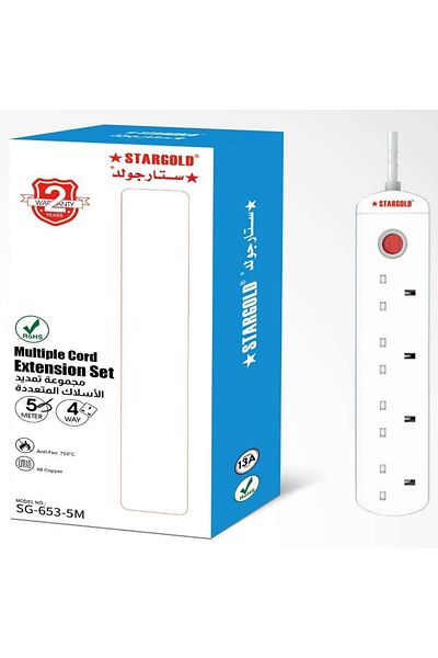Generic STARGOLD 4-Way Extension Cord with USB, 13A Overload Protection, 5M Cable, 3250W Capacity – White