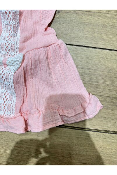 Tk Tela kids kiz elbise 6/18 ay aralığı Müslüm kumaş elbise pudra rengi boydan dantelli işlemli kurdele
