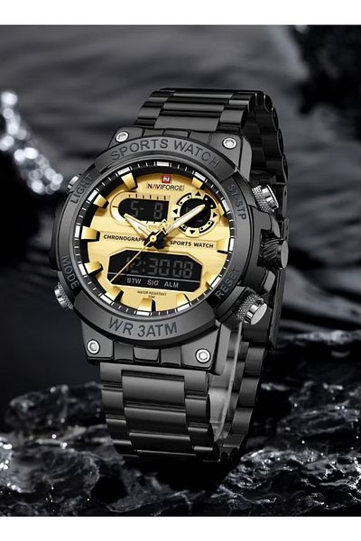 Naviforce Luxury Black Stainless Steel Analog-Digital Sports Chronograph Watch for Men with Gold Dial