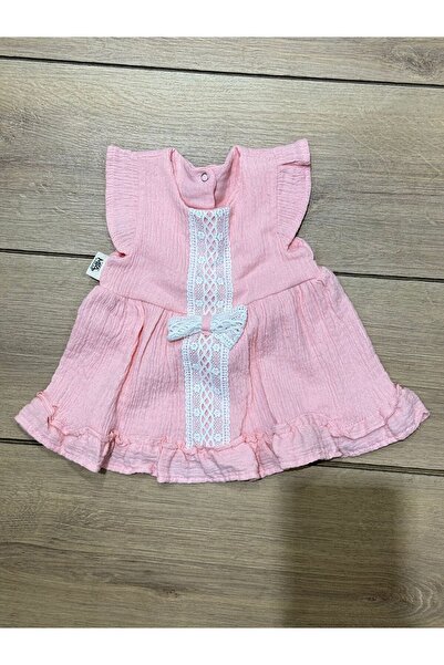 Tk Tela kids kiz elbise 6/18 ay aralığı Müslüm kumaş elbise pudra rengi boydan dantelli işlemli kurdele