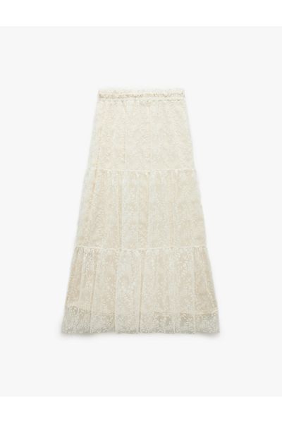 Koton New Season Regular Fit Lined Embroidered Scalloped Floral Midi Lace Skirt