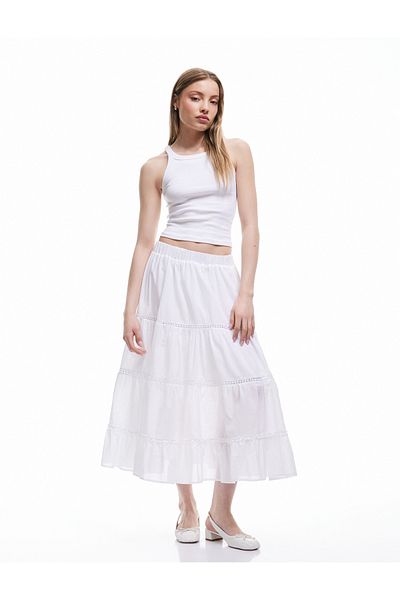 Koton New Season Layered Comfortable Fit A-Line Midi Skirt with Elastic Waist