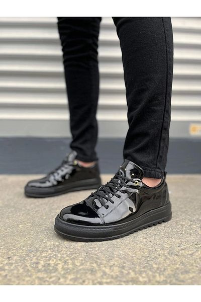 Joy Ayakkabı Jy152 Cool Lace-Up Patent Leather Men's Daily Sports Classic Shoes Rst - Black
