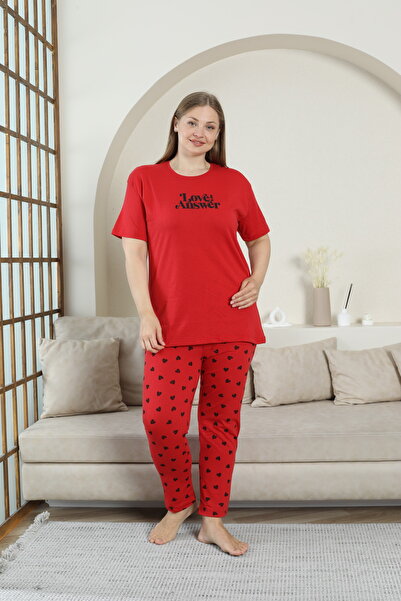 FAMESTEKSTİL Plus Size Women's Cotton Wide Pajama Set Bottom Printed