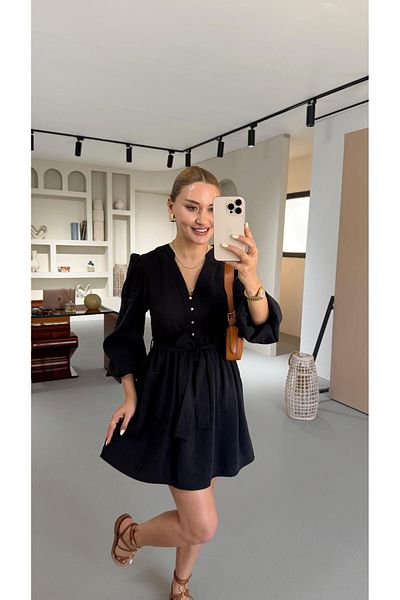Sezgi Tekin Premium Series Button Detail Belted Black Dress
