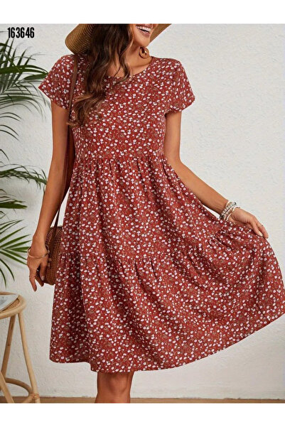 Kokosh moda Women's Crew Neck Floral Print Short Sleeve Single Jersey Fabric Dress