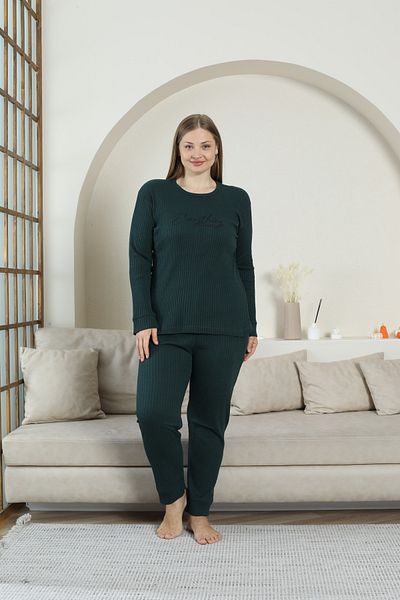FAMESTEKSTİL Plus Size Seasonal Long Sleeve Report Fabric Straight Pajama Set