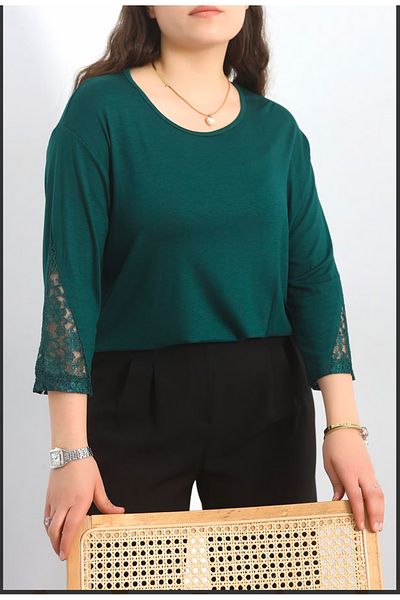 Tunicom Plus Size Ultra Luxury Combed Cotton Blouse with Lace Sleeves