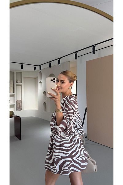 Sezgi Tekin Premium Series Button Detail Brown Patterned Dress