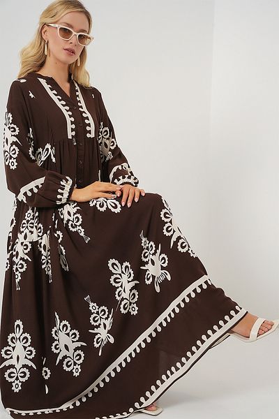 Bigdart 2423 Φόρεμα Hijab με αυθεντικό σχέδιο - Σκούρο καφέ