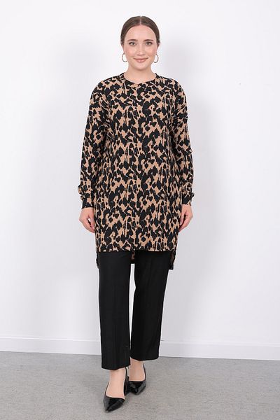 Linvey Gift Summer Comfortable Fit Wrinkle Fabric Leopard Pattern Double Set Elastic Pants & Loose Cut Tunic