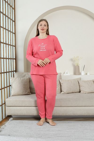FAMESTEKSTİL Plus Size Seasonal Long Sleeve Report Fabric Straight Pajama Set
