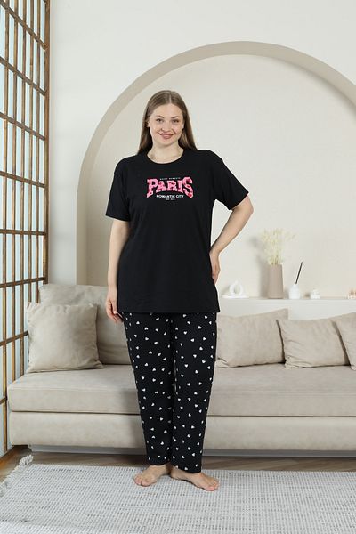 FAMESTEKSTİL Cotton Plus Size Pajama Set Paris Printed Bottom Heart