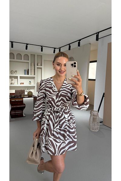 Sezgi Tekin Premium Series Button Detail Brown Patterned Dress