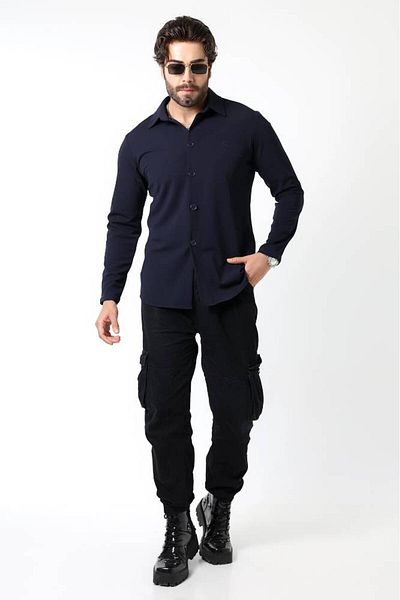 Benim Denim Navy Blue Slim Fit Knitted Shacket – Modern Elegance with Minimal Details