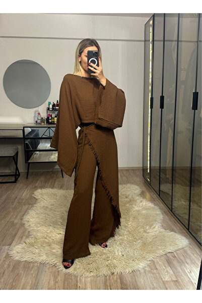 NET OF NOT Darla Brown Muslin Fabric Envelope Trousers Crop Set