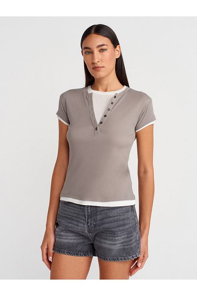 Dilvin 31783 Double Layer Buttoned T-Shirt-Grey